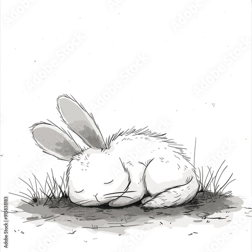 Simple drawing of a sleeping rabbit, peaceful and cute illustration.
