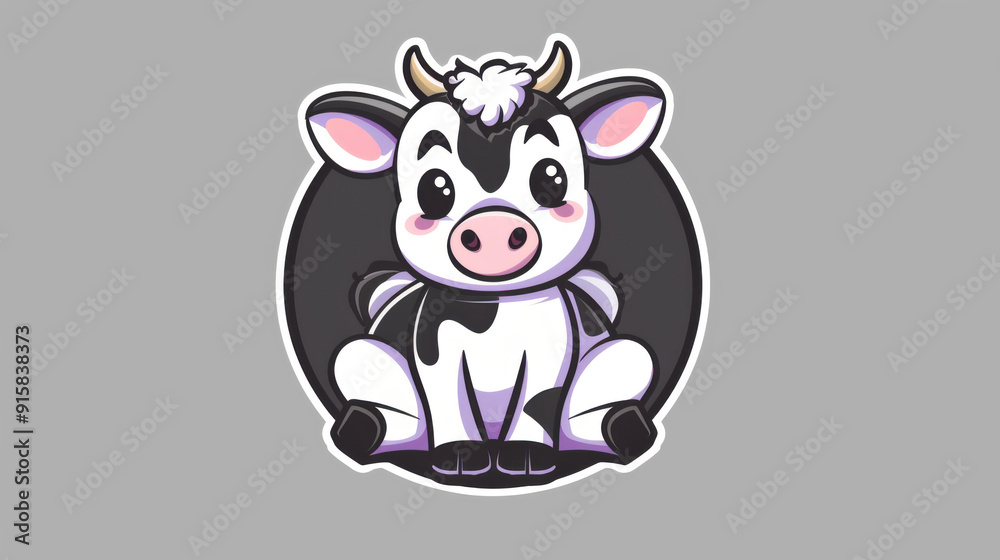 Minimalistic Kawaii Style Cow Vector Logo with Purple Accents on Grey Background - Ideal for Stickers and Creative Branding Minimalistic Kawaii Style Cow Vector Logo with Purple Accents on Grey Background - Ideal for Stickers and Creative Branding
