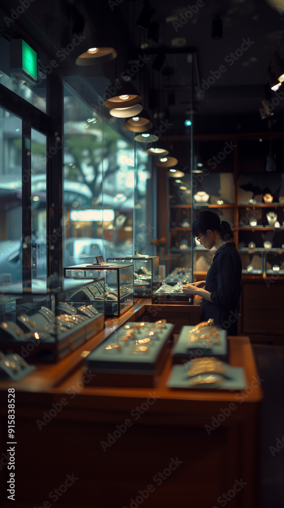 Obraz premium The interior of a high-end jewellery store with a shop assistant.