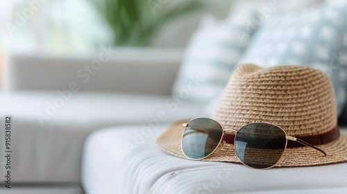 Sunhat and Sunglasses on White Couch by Window in Bright Living Room