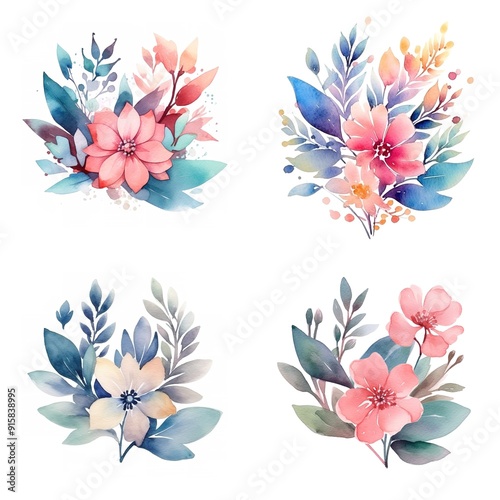 Watercolor floral bouquets with pink and yellow flowers and blue leaves.