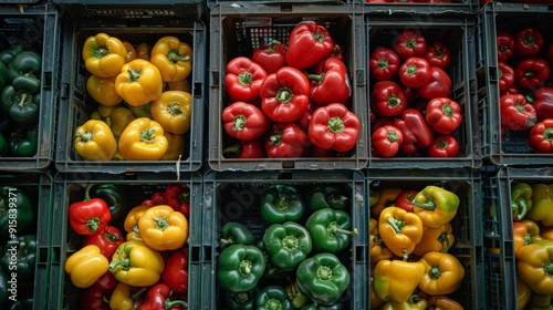 Various sweet peppers in plastic box, food storage or market photo