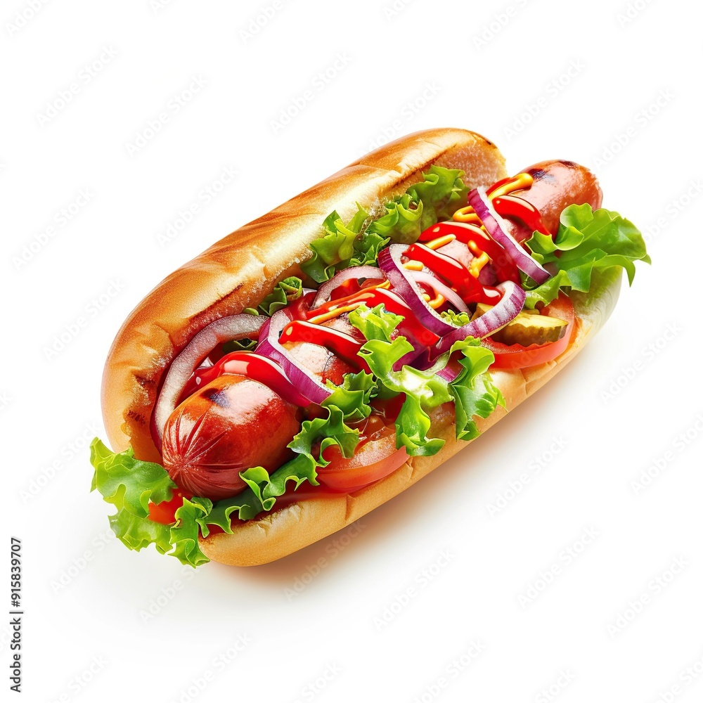Hot dog on white background. Created with Generative AI Hot dog on white background. Created with Generative AI