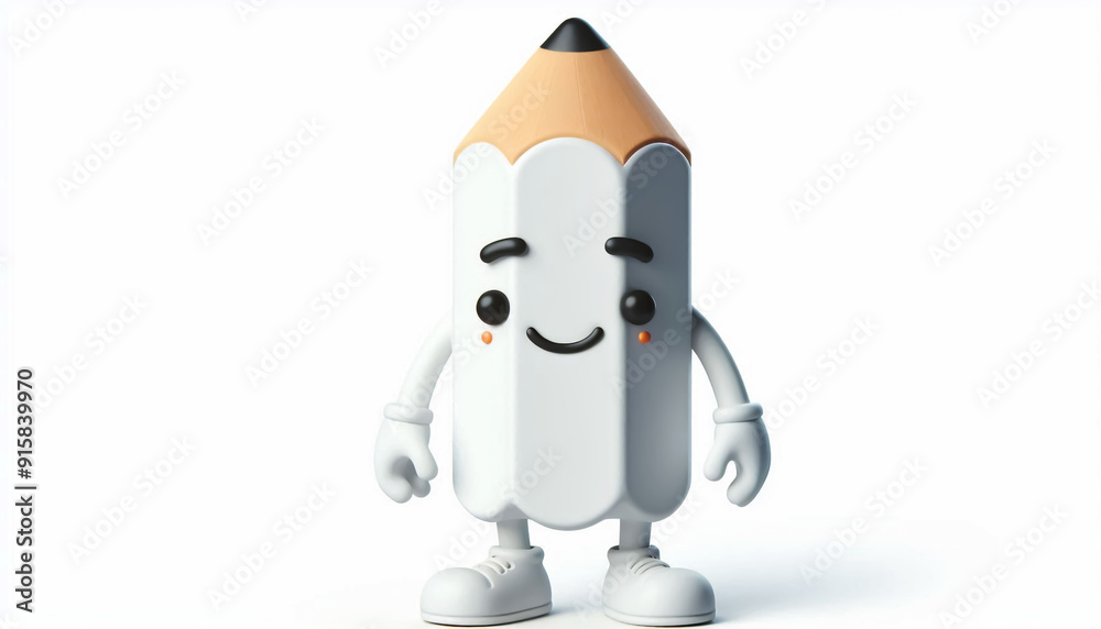 3D funny white pencil cartoon. Back to school concept 3D funny white pencil cartoon. Back to school concept