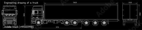 Vector engineering drawing of truck with trailer 
with dimensional lines
and numerical values of vehicle dimensions.
Cad scheme. Mechanical background. Design documentation.