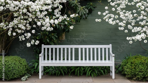 White Wooden Bench Surrounded by Flowering Plants and Green Wall in Spring Ga...