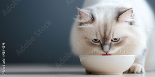 A fluffy Persian cat with a luxurious coat eating from an elegant porcelain bowl, white background