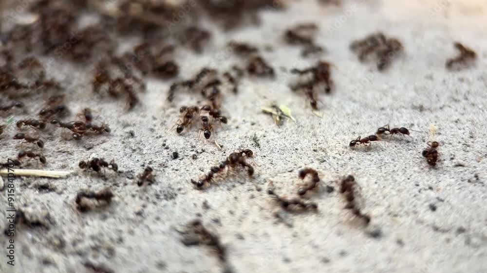 Close-up of busy red ants on a concrete surface, related to insects and nature, ideal for Earth Day or environment articles Close-up of busy red ants on a concrete surface, related to insects and nature, ideal for Earth Day or environment articles