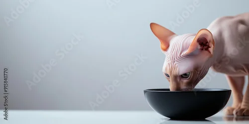 Fototapeta na wymiar A small and delicate Sphynx cat eating from a sleek black bowl, set against a white background