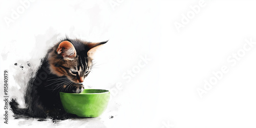 A cute Manx cat with a stubby tail happily munching from a green bowl, set against a white backdrop photo