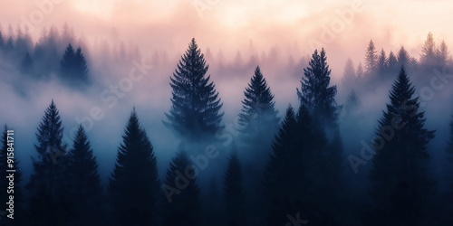 A serene forest scene with mist rolling through the trees at dawn