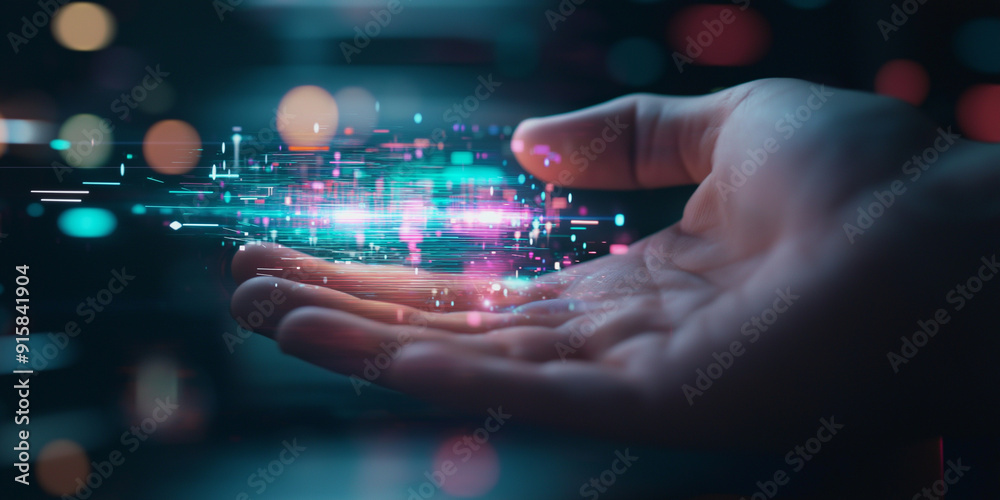 Fototapeta premium A close-up of a hand holding a glowing, futuristic hologram
