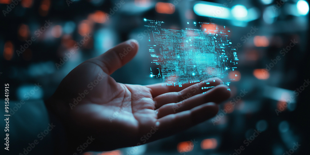 Fototapeta premium A close-up of a hand holding a glowing, futuristic hologram