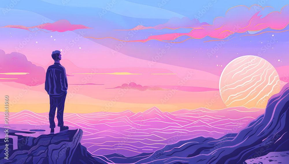 Man standing on top of cliff at sunset. outdoor. Illustrations design Man standing on top of cliff at sunset. outdoor. Illustrations design