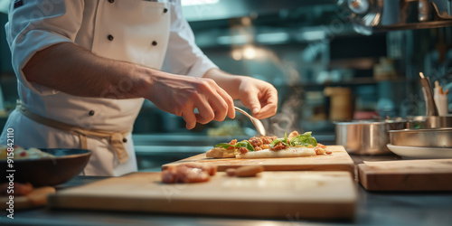 A close-up of a chef's hands preparing a gourmet dish in a modern kitchen