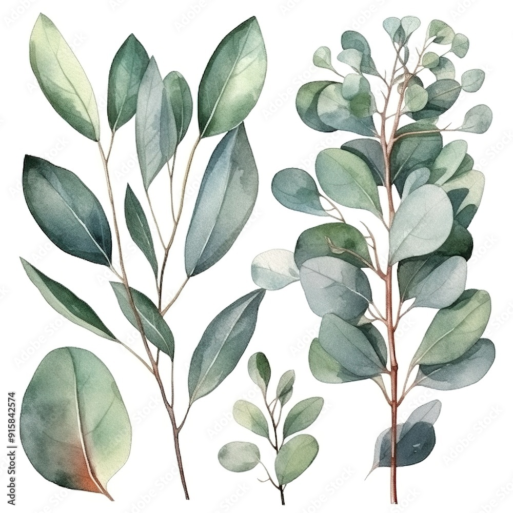 Watercolor illustration of eucalyptus leaves. Watercolor illustration of eucalyptus leaves.