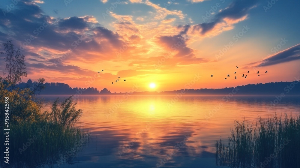 Obraz premium Peaceful Sunset Over a Still Lake