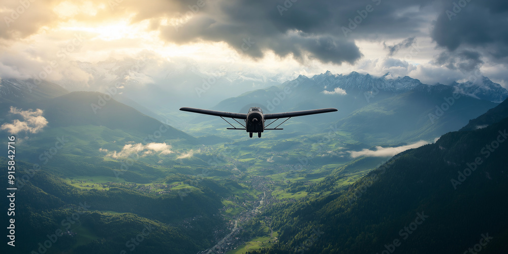 Fototapeta premium A vintage airplane soaring above a picturesque landscape