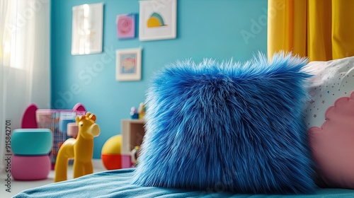 Enchanting Children's Room Decor: A Vibrant Blue Fur Cushion Amidst Colorful Toys and Whimsical Decorations - Perfect Poster for Playful Interiors!