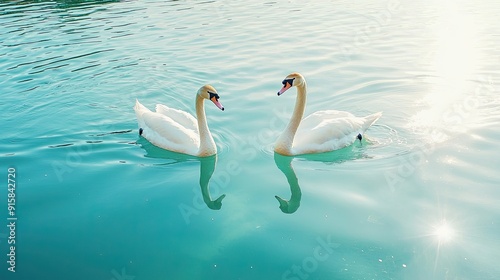 Fototapeta Naklejka Na Ścianę i Meble -  two white swans on the lake. Selective focus