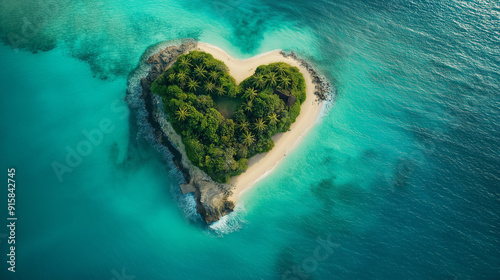 A heart-shaped tropical island surrounded by turquoise water, featuring green palm trees, lush vegetation, a sandy beach, and tranquil, serene vibes, perfect for a romantic getaway.
