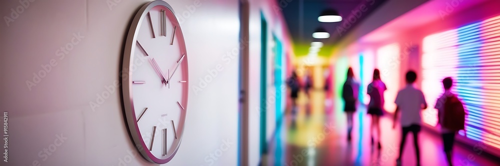 wall-mounted white wall clock is in place. A flat lay minimalistic, clock set against school backdrop wall-mounted white wall clock is in place. A flat lay minimalistic, clock set against school backdrop
