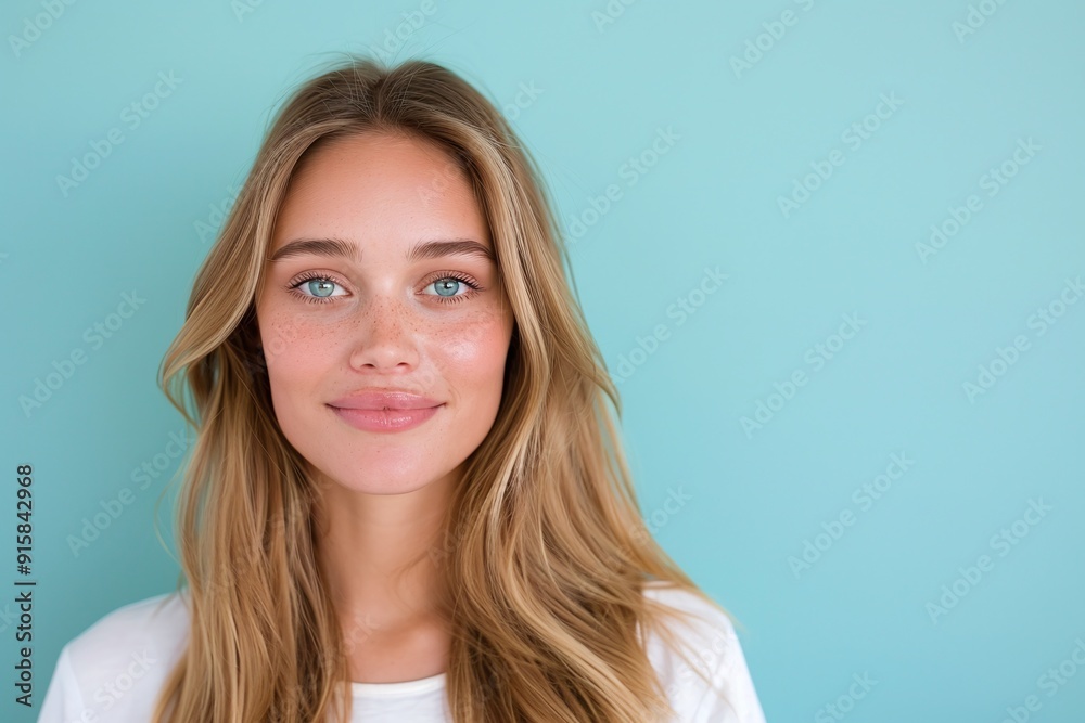 Naklejka premium Portrait of a blonde woman with a soft smile, wearing a white top, against a teal background.