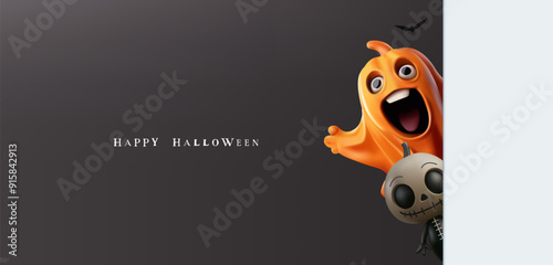 Funny, scary ghost and doll that hide and scare people by surprise, 3D. Banner for advertising concepts of Halloween celebration. Vector illustration.