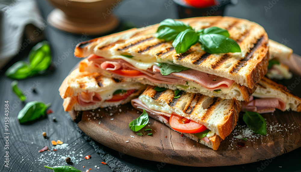 Club sandwich panini with ham, tomato, cheese and basil on table Club sandwich panini with ham, tomato, cheese and basil on table