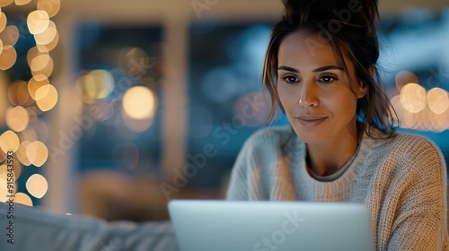 Woman Working on Laptop in Modern Workspace With World Map on Wall
