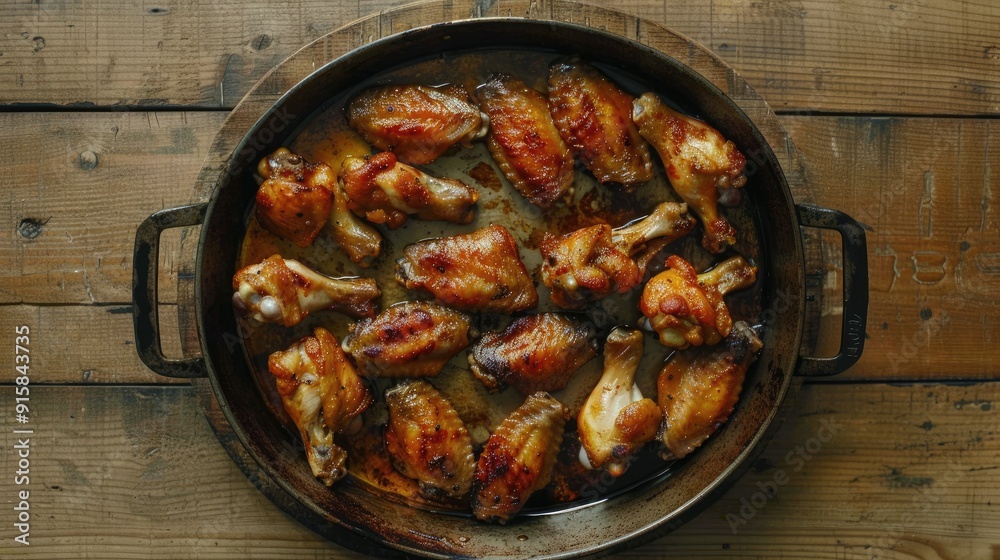 Baked chicken wings in pan on wooden table. Baked chicken wings in pan on wooden table.