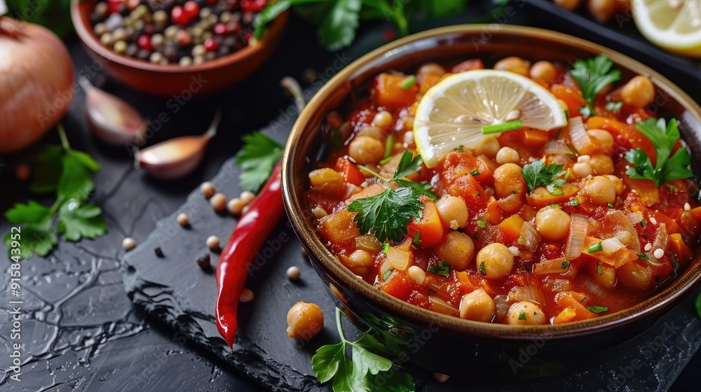 Vegetable stew of chickpeas, carrot, sweet peppers, onions, garlic and tomato sauce with lemon on the dark table. Oriental cuisine. Vegetable stew of chickpeas, carrot, sweet peppers, onions, garlic and tomato sauce with lemon on the dark table. Oriental cuisine.