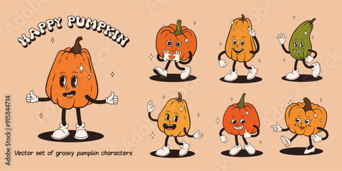 Groovy retro Happy Halloween character. Funky orange pumpkin with happy face in trendy vintage 50s, 60s, 70s style. Cute cartoon vector illustration on background