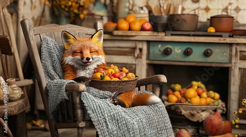 Whimsical Fox on Vintage Rocking Chair with Cozy Blanket: Perfect Poster for Rustic Kitchen Decor or a Playful Twist in Your Sportsroom! photo