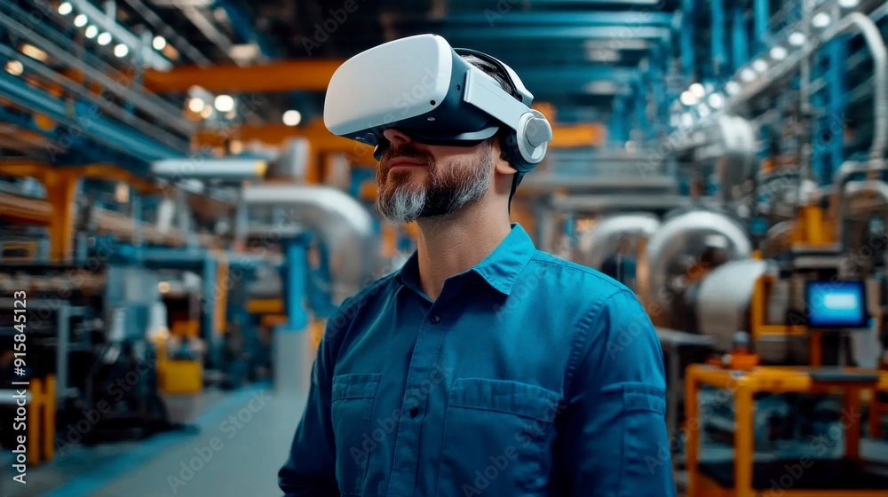 Engineer in a white VR headset at a high-tech factory. The future of manufacturing and innovation Engineer in a white VR headset at a high-tech factory. The future of manufacturing and innovation
