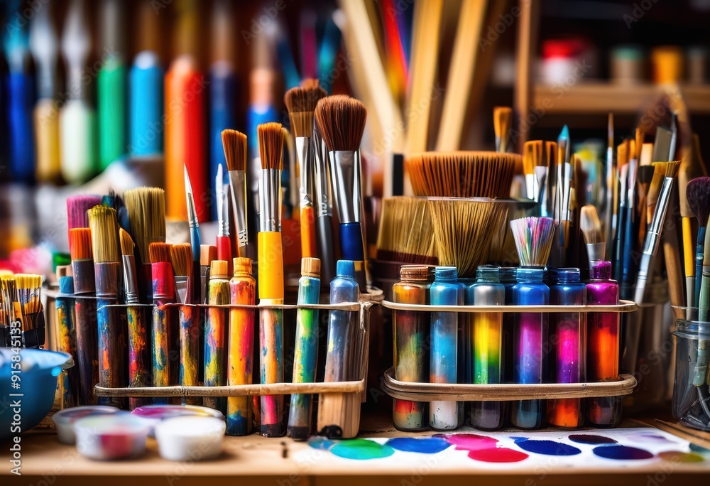 Obraz premium vibrant close colorful creative supplies organized art studio various tools materials displayed neatly, colors, painting, palette, brushes, acrylic, paints