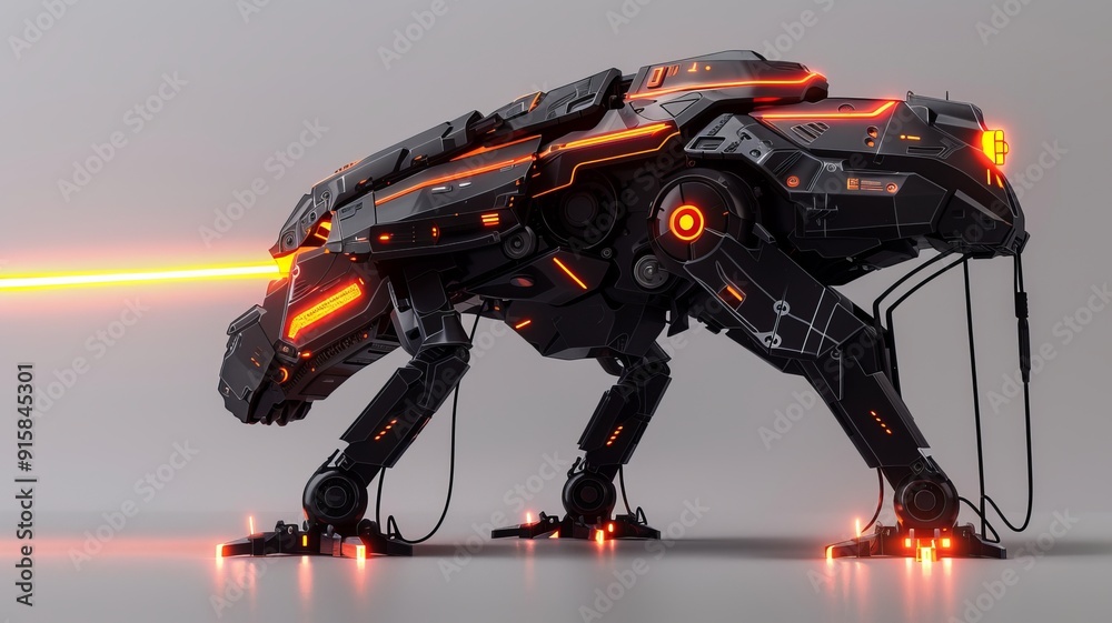 A highly advanced and futuristic robotic panther equipped with impressive laser features A highly advanced and futuristic robotic panther equipped with impressive laser features