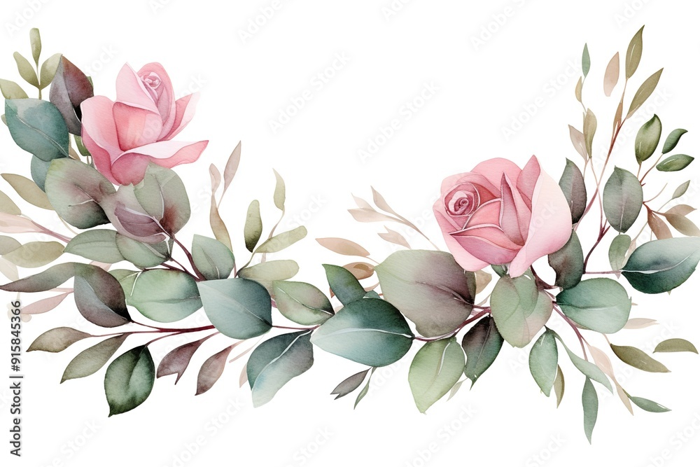 Watercolor illustration of pink roses and green leaves.