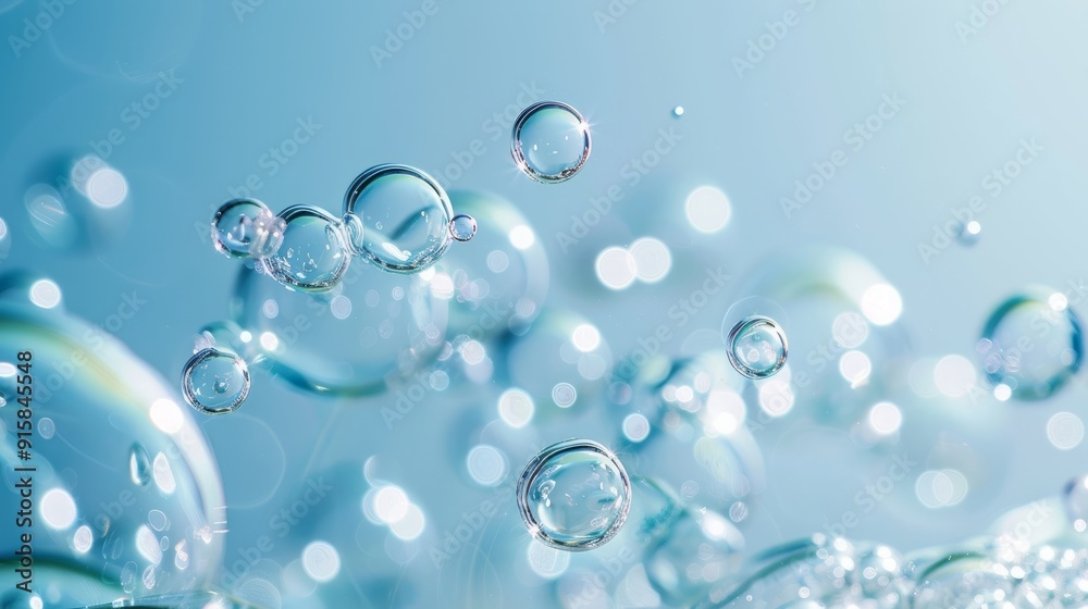 Close up of water bubbles on blue background. Abstract blue fresh hygiene template. Luxury cosmetics body care and clean energy. Concept shot of transparent elegant vitality serum air bubbles Close up of water bubbles on blue background. Abstract blue fresh hygiene template. Luxury cosmetics body care and clean energy. Concept shot of transparent elegant vitality serum air bubbles