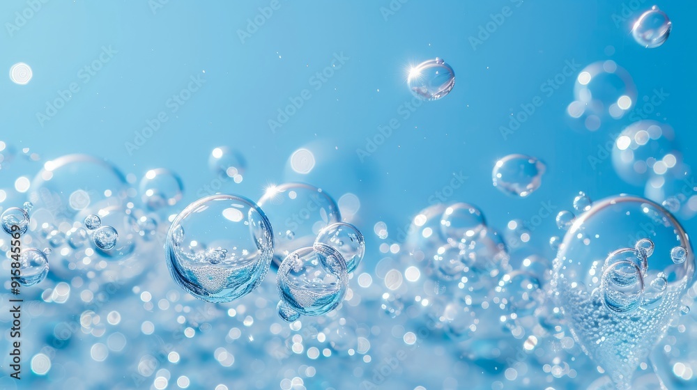 Close up of water bubbles on blue background. Abstract blue fresh hygiene template. Luxury cosmetics body care and clean energy. Concept shot of transparent elegant vitality serum air bubbles