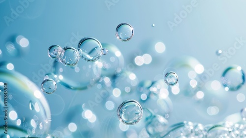 Close up of water bubbles on blue background. Abstract blue fresh hygiene template. Luxury cosmetics body care and clean energy. Concept shot of transparent elegant vitality serum air bubbles