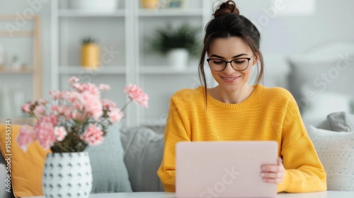 Woman Working on Laptop in Modern Workspace With World Map on Wall