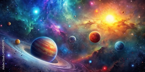 Space galaxy background with bright stars, colorful nebulae, and distant planets, space, galaxy, background, stars