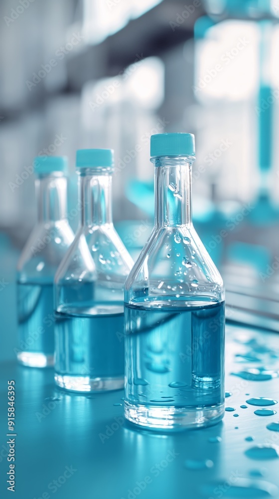 Three laboratory glass bottles with blue liquid, placed on a reflective surface with a soft focus background Three laboratory glass bottles with blue liquid, placed on a reflective surface with a soft focus background