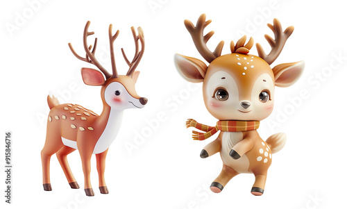 Cute Cartoon Reindeer Character 3D Render Illustration Set, Adorable Festive Deer for Holiday Designs, Christmas, Winter, PNG Clip Art, Transparent Background