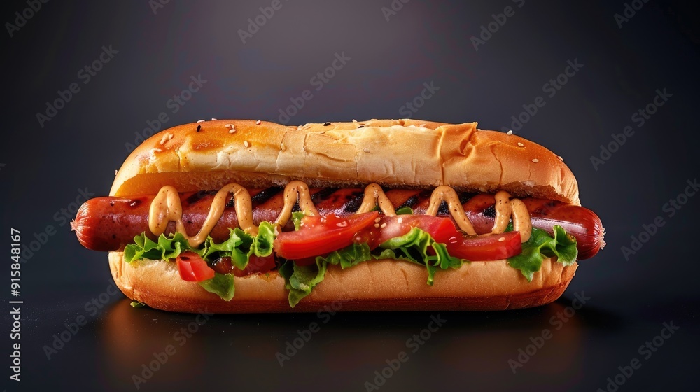 Hot dog with grilled sausage, tomato and lettuce on dark background. American hotdog Hot dog with grilled sausage, tomato and lettuce on dark background. American hotdog
