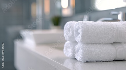 Neatly Rolled White Towels on a Bathroom Counter in a Modern Interior Setting
