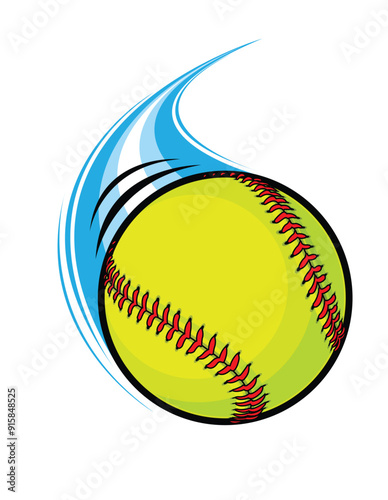Fast flying yellow softball pitch with blue streak transparent background