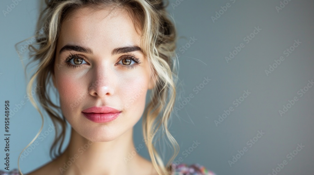Cute 30s woman look camera. Girl face portrait. Young adult person. One 40s years old lady head shot. German skin care cream. Serious blond hair style. Nude make up. Cute 30s woman look camera. Girl face portrait. Young adult person. One 40s years old lady head shot. German skin care cream. Serious blond hair style. Nude make up.