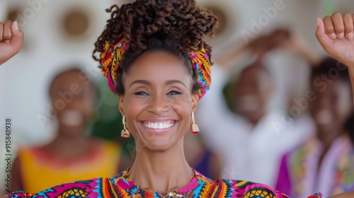 Joyful Woman Celebrating Against Vibrant Abstract Background